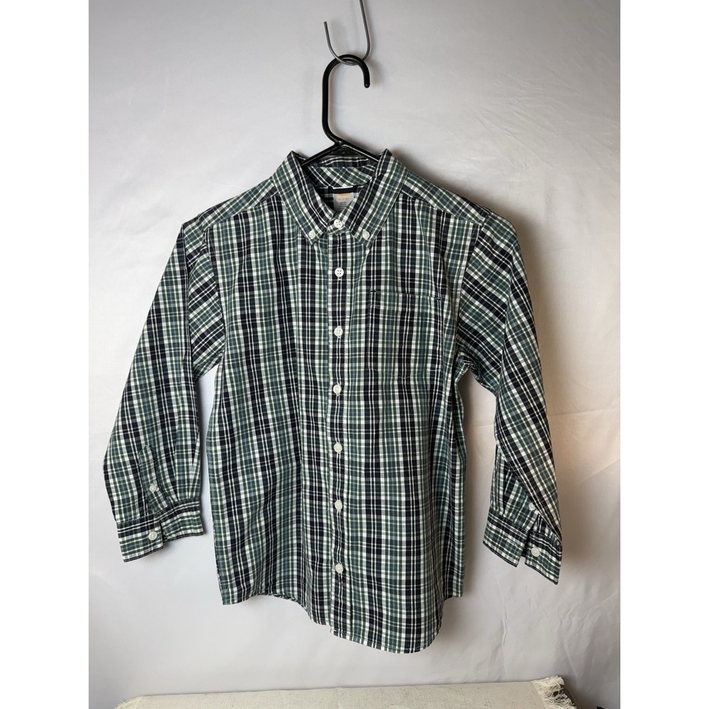 Gymboree Boys M 7/8‎ Shirt Green Plaid collared Button Up Woven Cotton Preppy